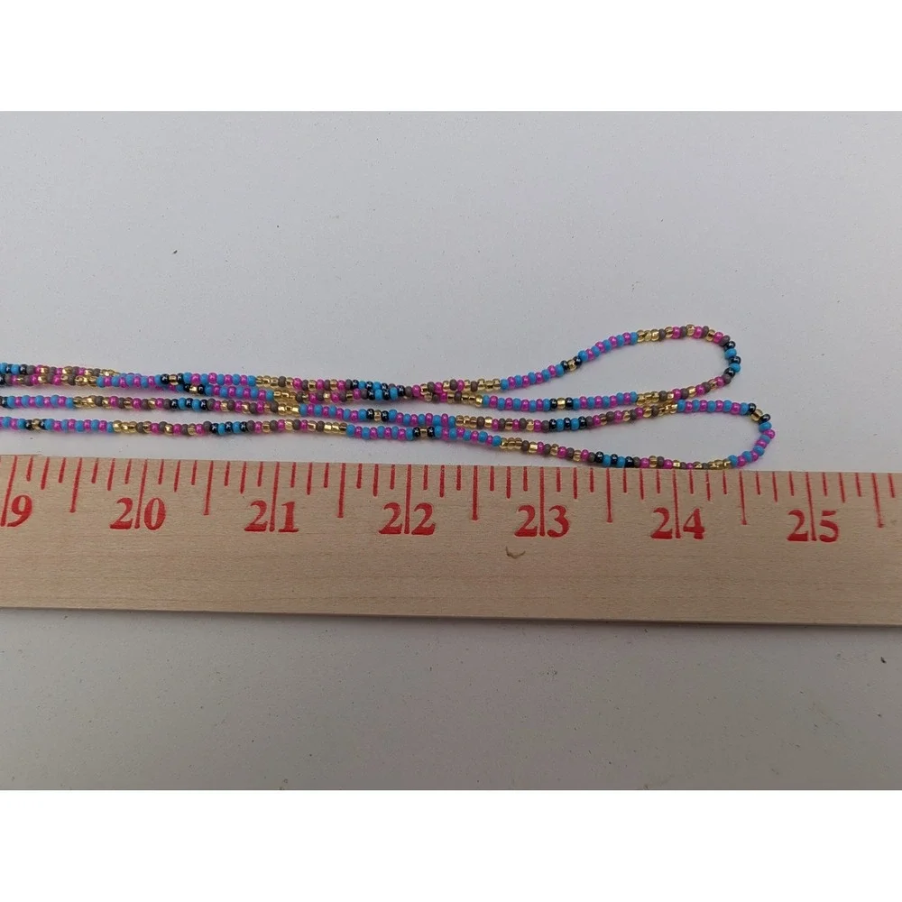 Handmade Multi Strand Seed Bead Necklace Turquoise Pink Layered Bohemian Jewelry